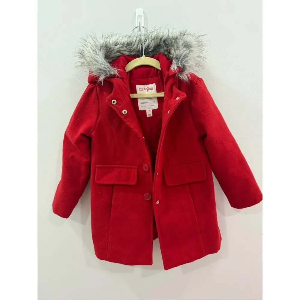 Cat & Jack Bright Red Hooded Pea Coat with Faux Fur Trim 5T kids